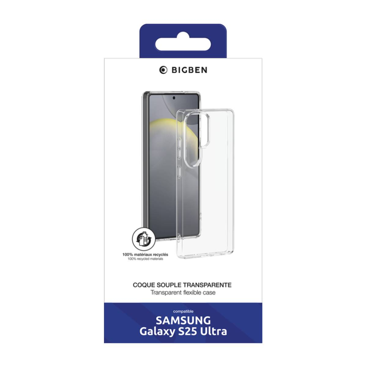 Custodia trasparente per telefono in scatola per Samsung Galaxy S23 Ultra, con il telefono visibile all'interno.