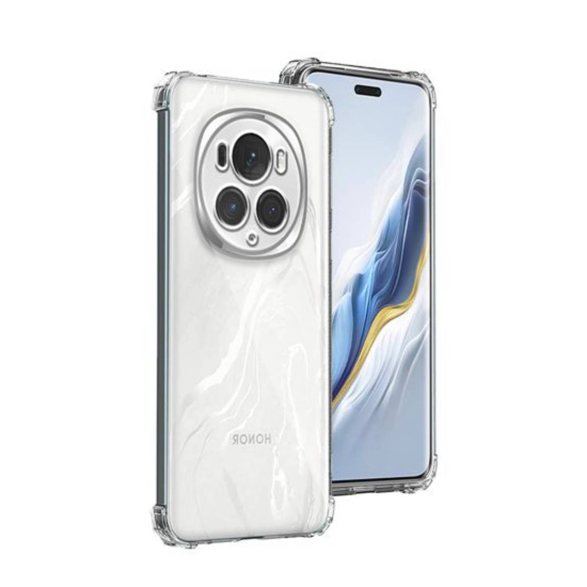 Uno smartphone con una cover posteriore bianca simile al marmo, una custodia protettiva trasparente e uno schermo del telefono.