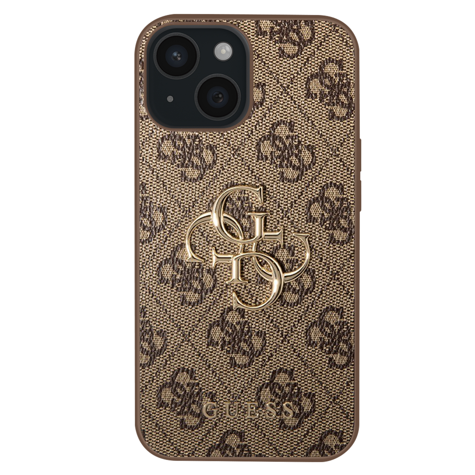 Custodia per telefono con un motivo marrone e un logo dorato. Il telefono è dentro. Sfondo bianco.