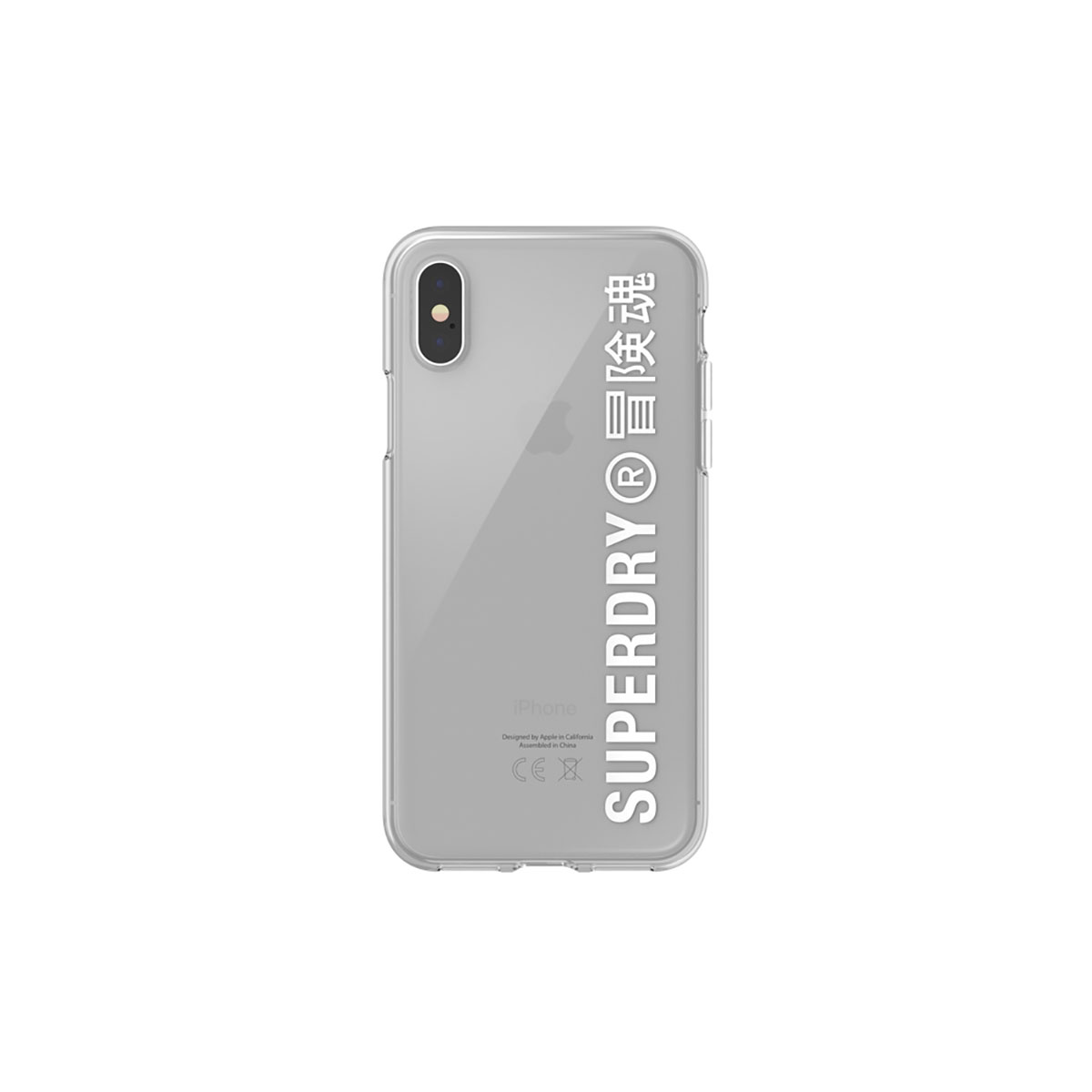 Custodia per telefono trasparente con logo bianco. Sfondo bianco.