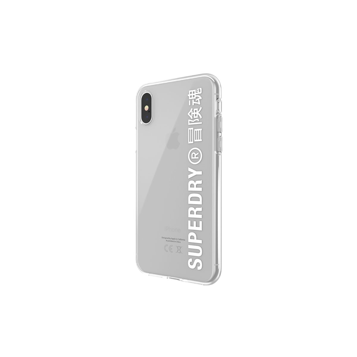 Custodia trasparente per telefono con la scritta SUPERDRY e un telefono all'interno su sfondo bianco.
