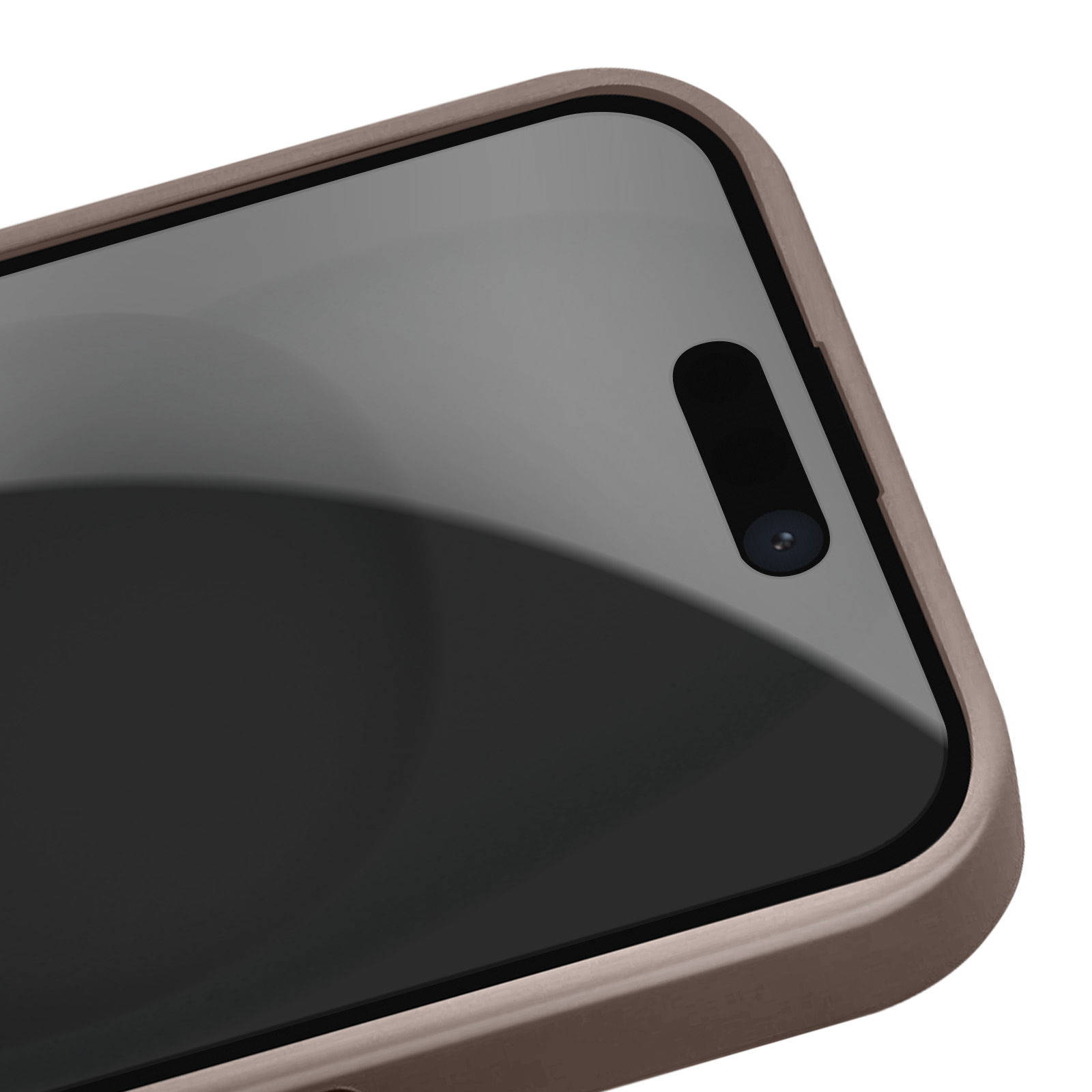 Primo piano della parte superiore di un telefono. Sono visibili una fotocamera e un altoparlante. Il telefono è in una custodia marrone chiaro.