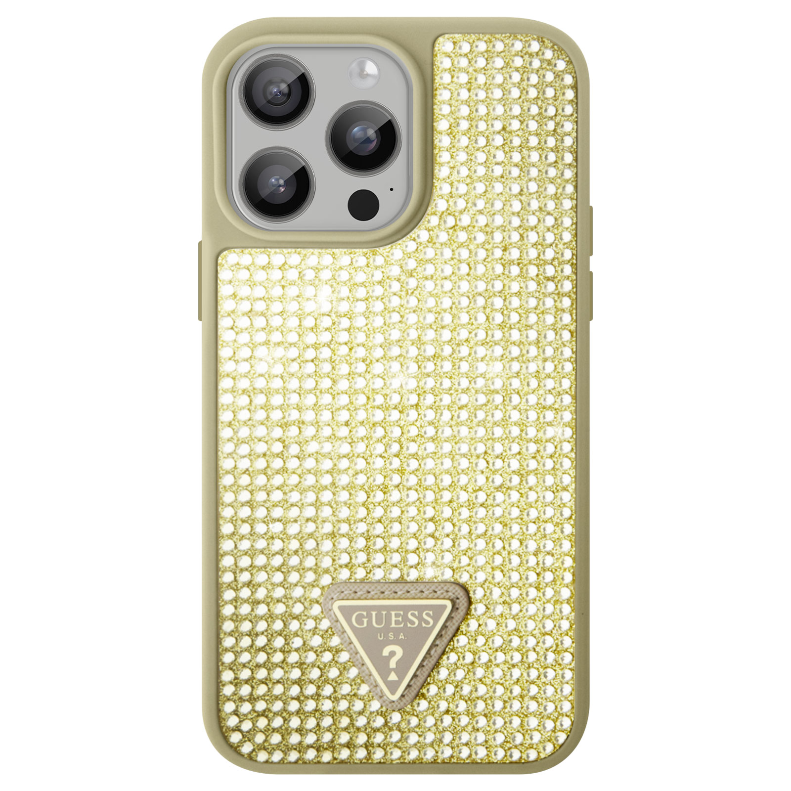 Custodia per telefono con diamanti dorati lucenti e un logo Guess dorato.