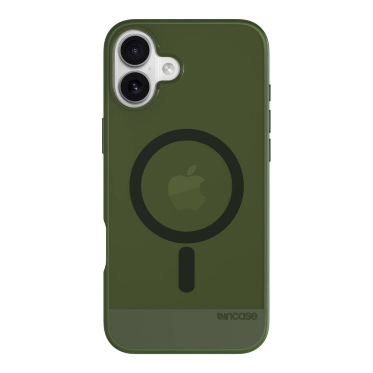 Funda de teléfono verde oliva con un círculo oscuro y el logotipo de Apple. Marca Incase.