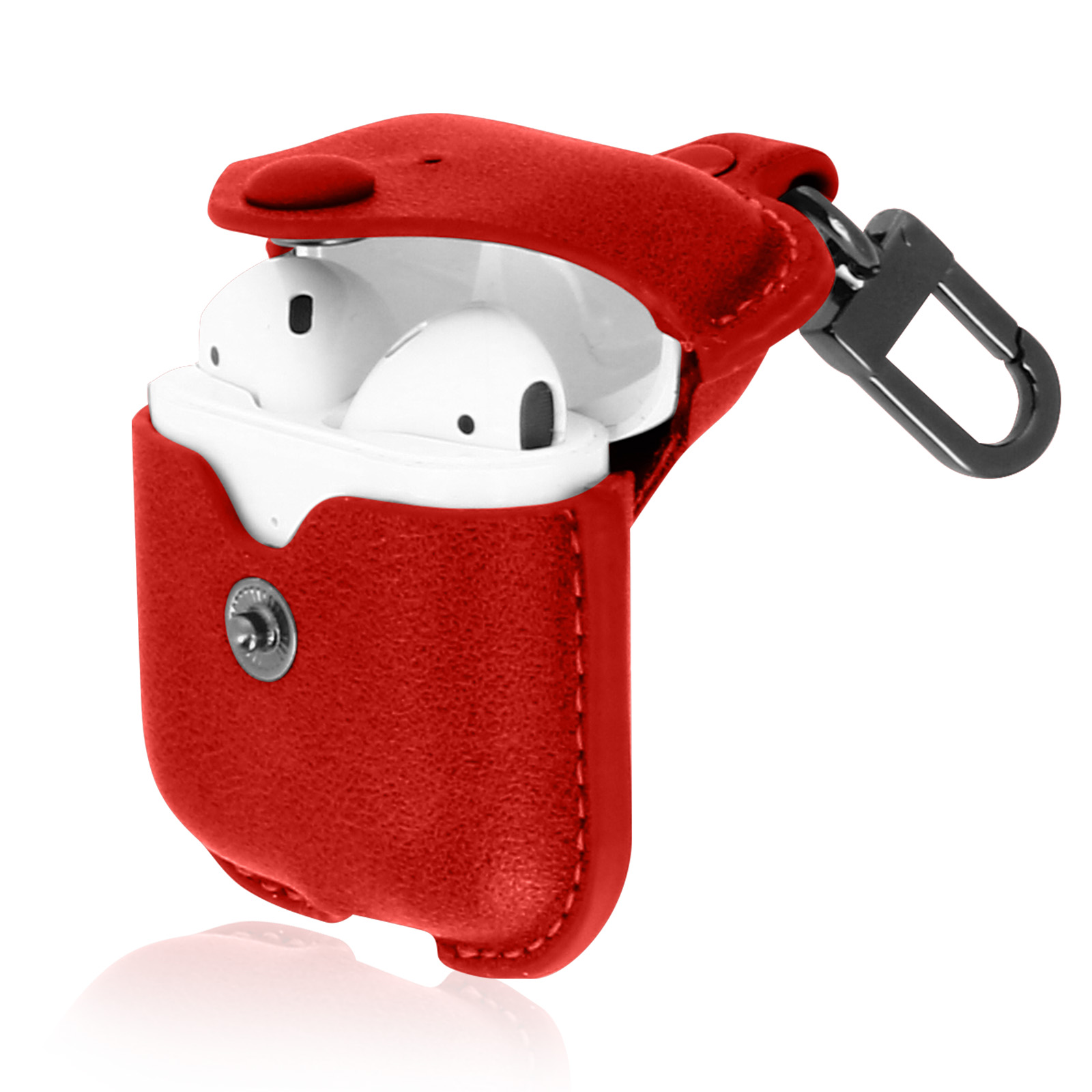 Funda de cuero roja para AirPod, abierta, con AirPods blancos. Cierre negro.
