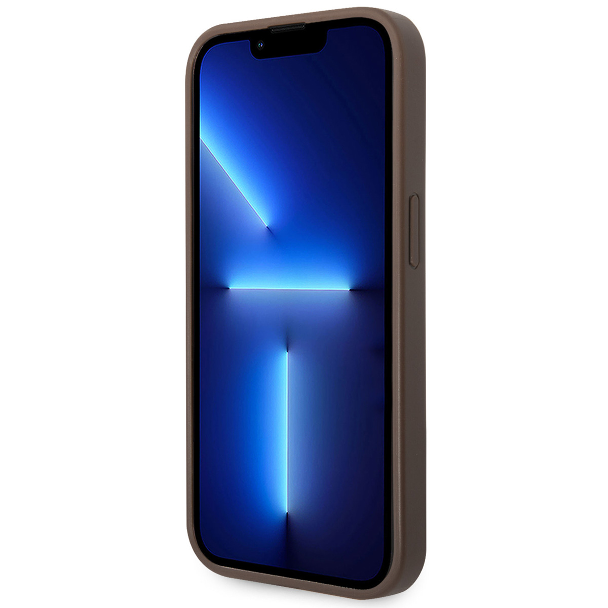 Custodia marrone per telefono con telefono all'interno. Mostra un'immagine blu e bianca.