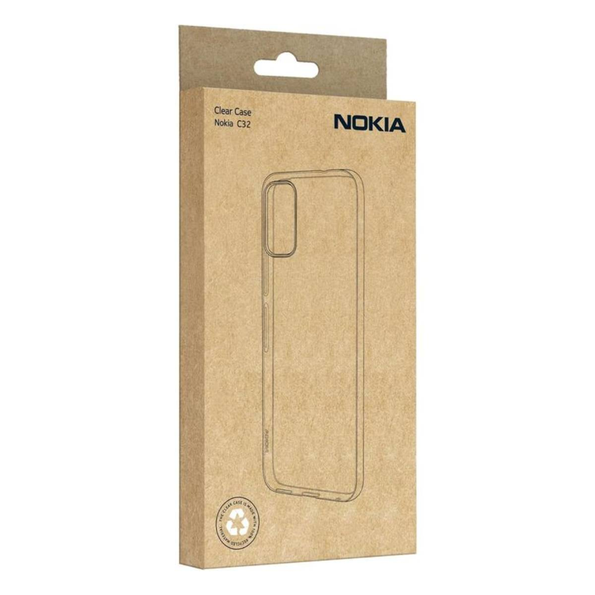 Custodia trasparente Nokia C32 in scatola di cartone con logo Nokia.