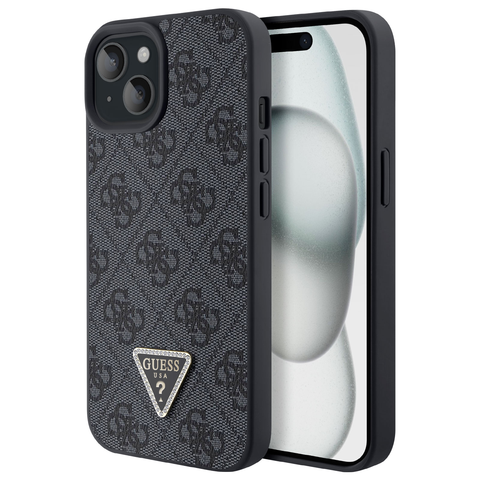 Custodia per telefono nera e grigia con logo Guess. La custodia del telefono è aperta.