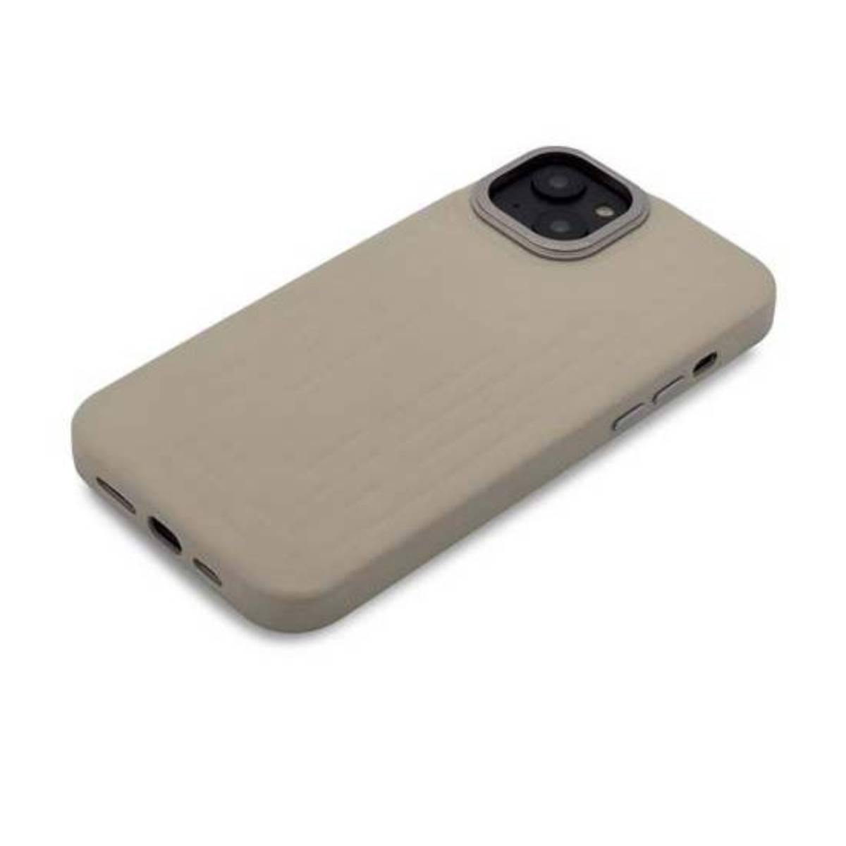 Custodia beige su sfondo bianco. Mostra l'area della fotocamera e la forma del telefono.