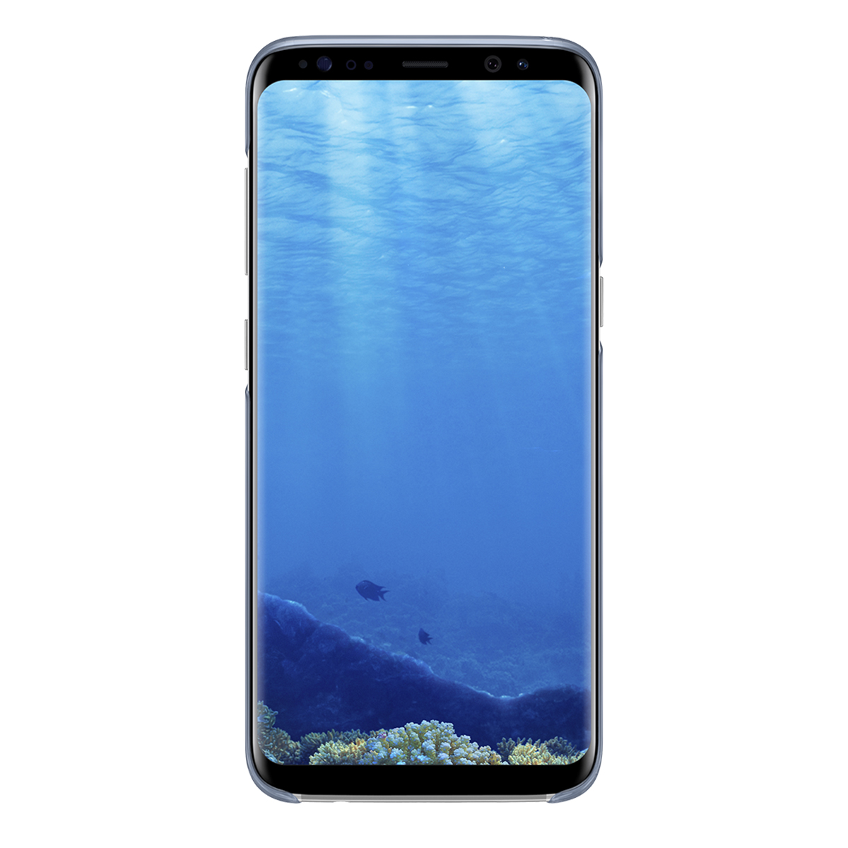 Teléfono con una funda transparente que muestra un fondo de pantalla de escena submarina azul.
