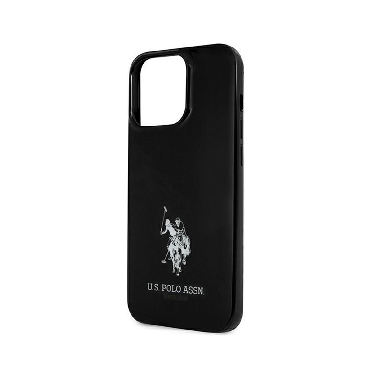 Custodia nera per telefono con logo US Polo Assn., un giocatore di polo a cavallo.