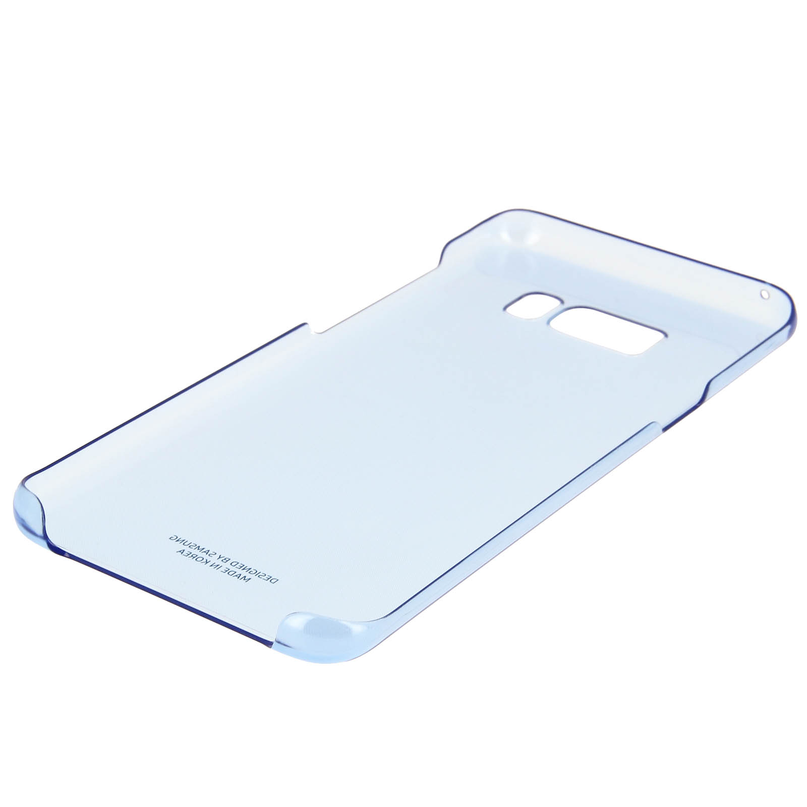 Una funda de teléfono azul transparente se muestra contra un fondo blanco.