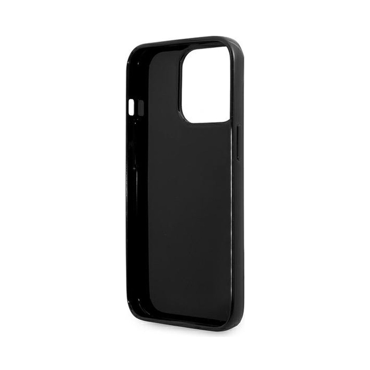 Custodia per telefono nera, vista laterale, che mostra il ritaglio della fotocamera. Isolato su sfondo bianco.