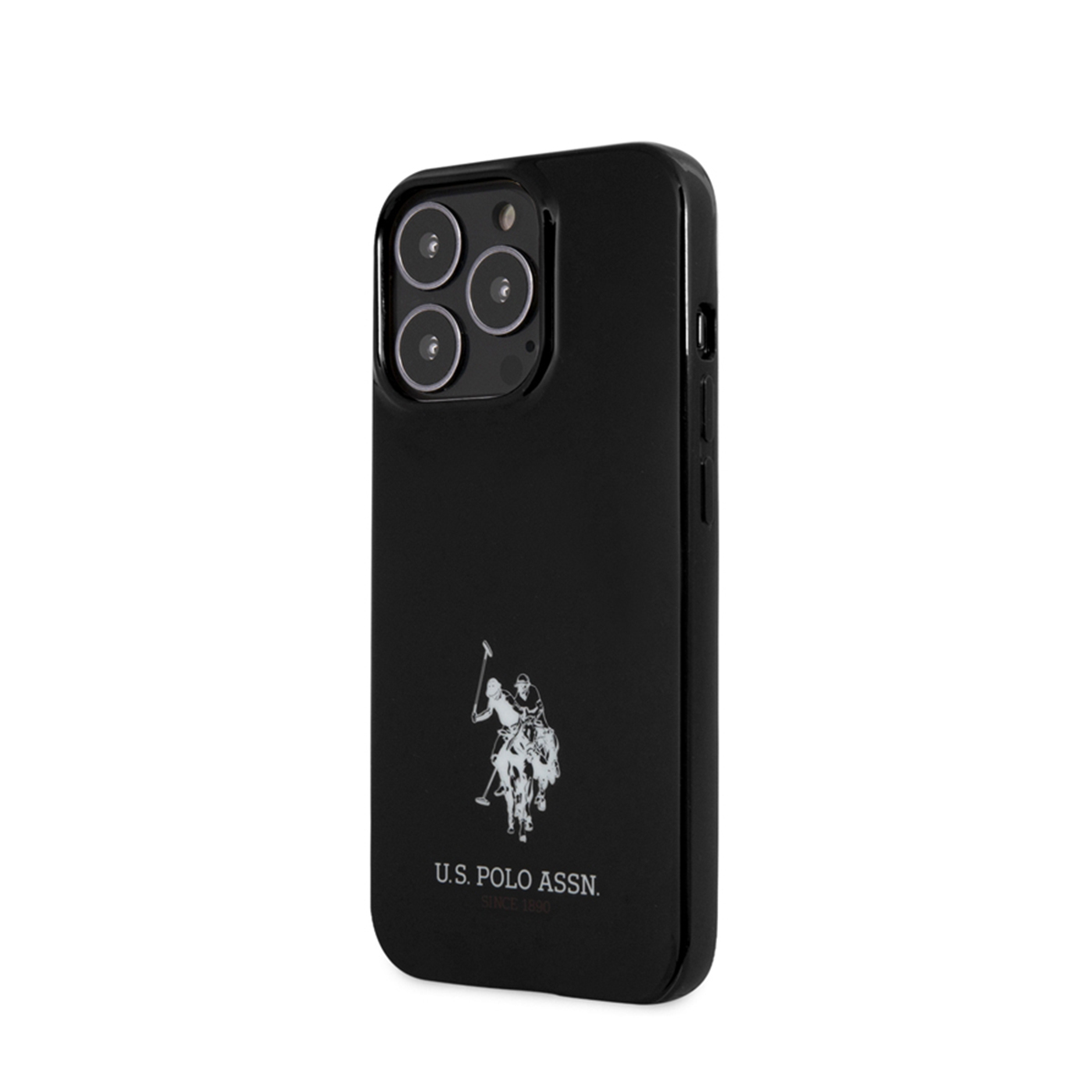 Custodia nera per telefono con logo US Polo Assn., che mostra un giocatore di polo. Finitura lucida.