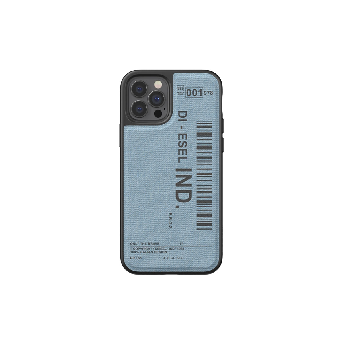 Una custodia per iPhone con una texture blu simile al denim, parte superiore nera e logo Diesel Ind.