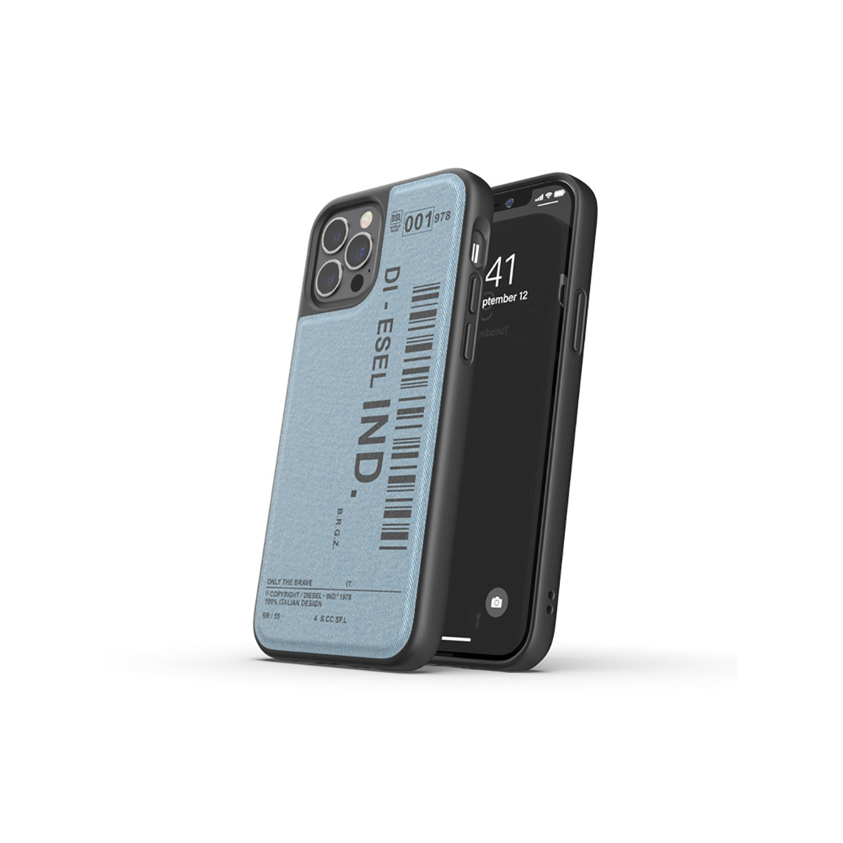 Custodia per telefono in denim, marchio Diesel Ind. Telefono a destra. Telefono nero e custodia blu.