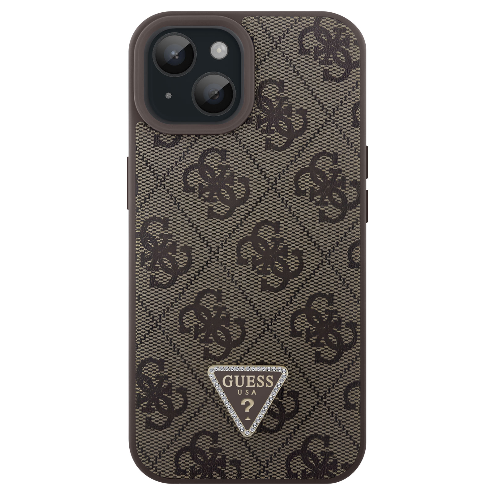 Custodia con motivo Guess marrone, logo Guess e fotocamere del telefono visibili.