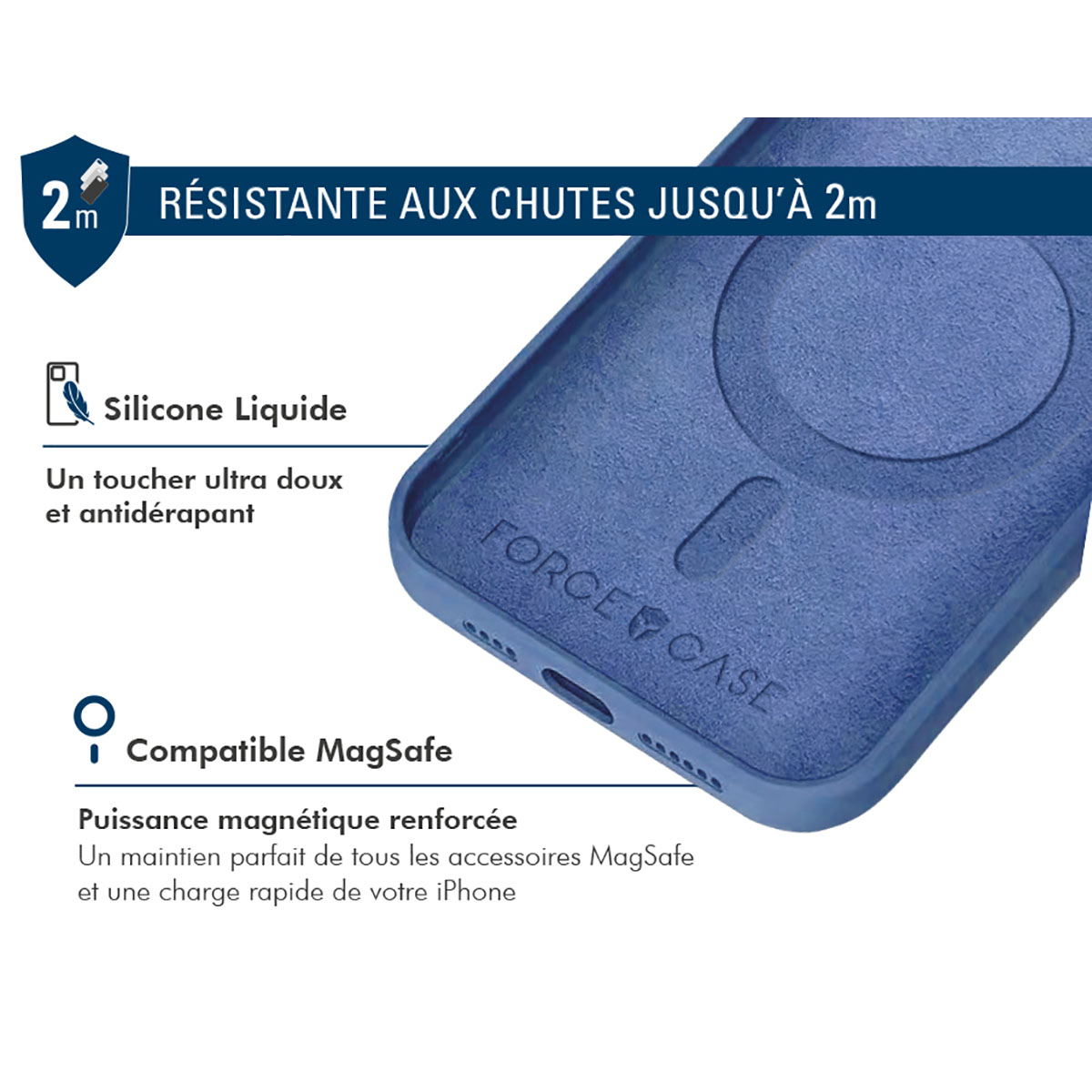 Custodia blu con testo e icone, promuove funzionalità e resistenza alle cadute.