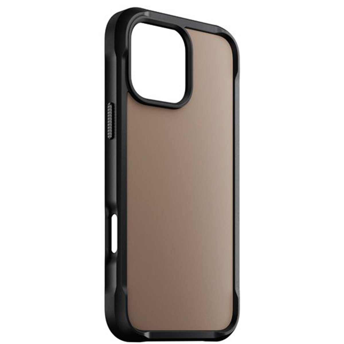 Custodia per telefono con cornice nera e retro marrone, con ritaglio per fotocamera.