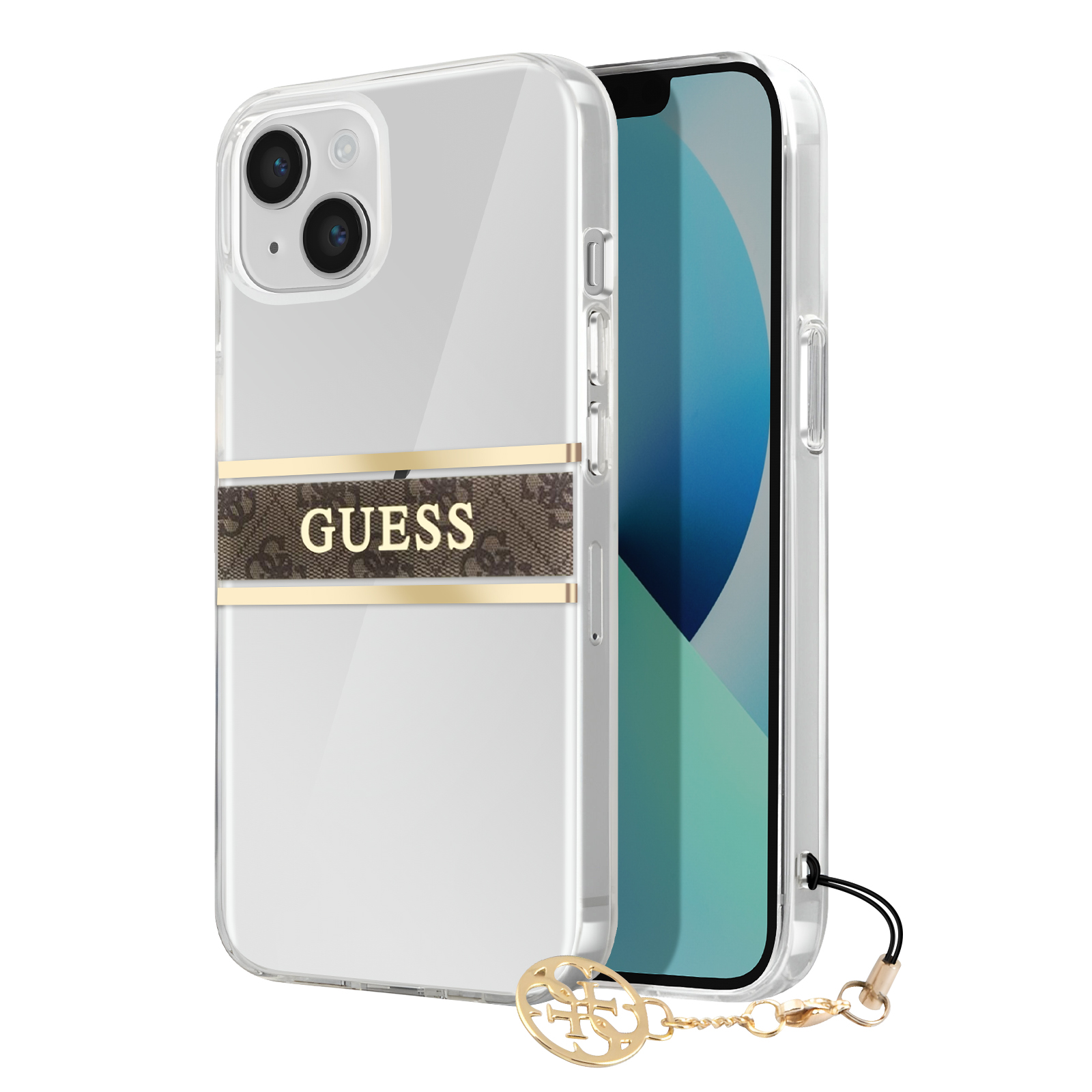 Custodia per telefono trasparente con logo Guess e catena dorata. Il telefono è visibile.