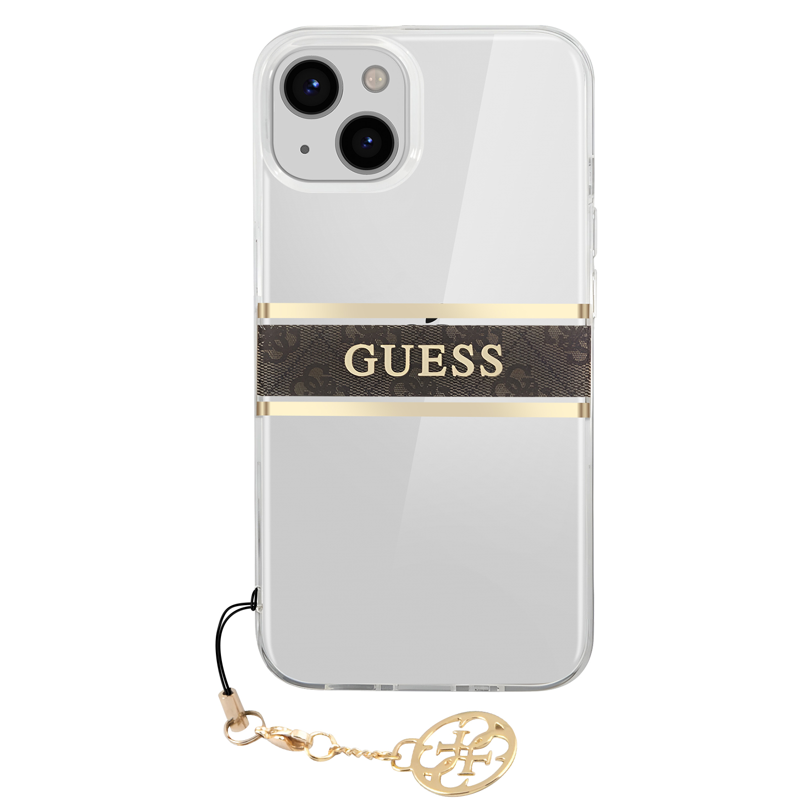 Custodia trasparente per telefono con una striscia marrone con la scritta 'GUESS' e un ciondolo dorato.
