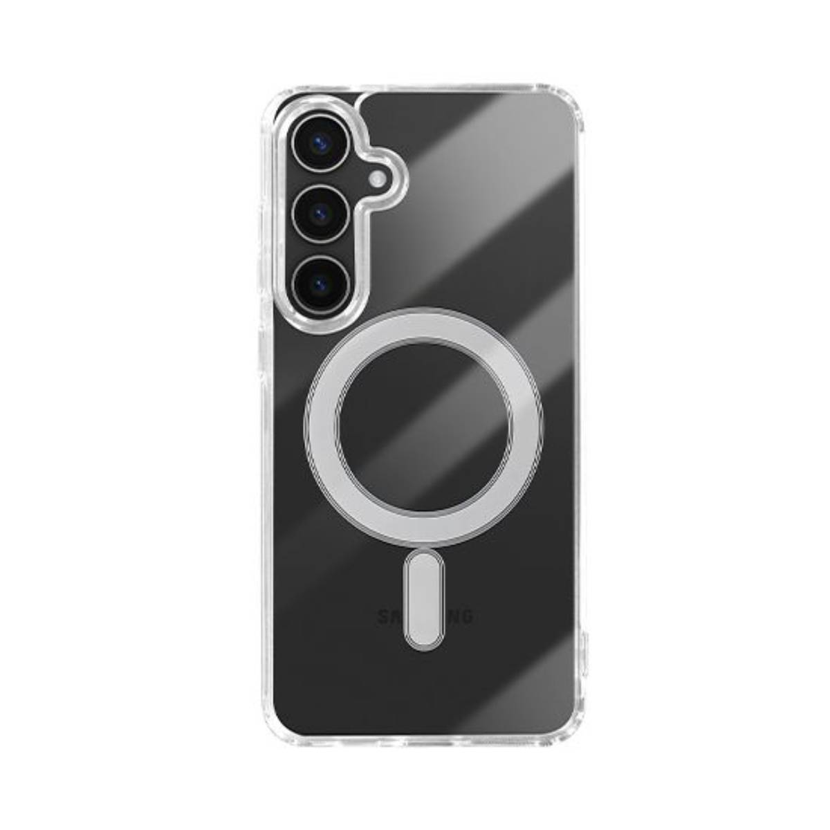 Custodia trasparente con area di ricarica magnetica circolare, su un telefono nero.