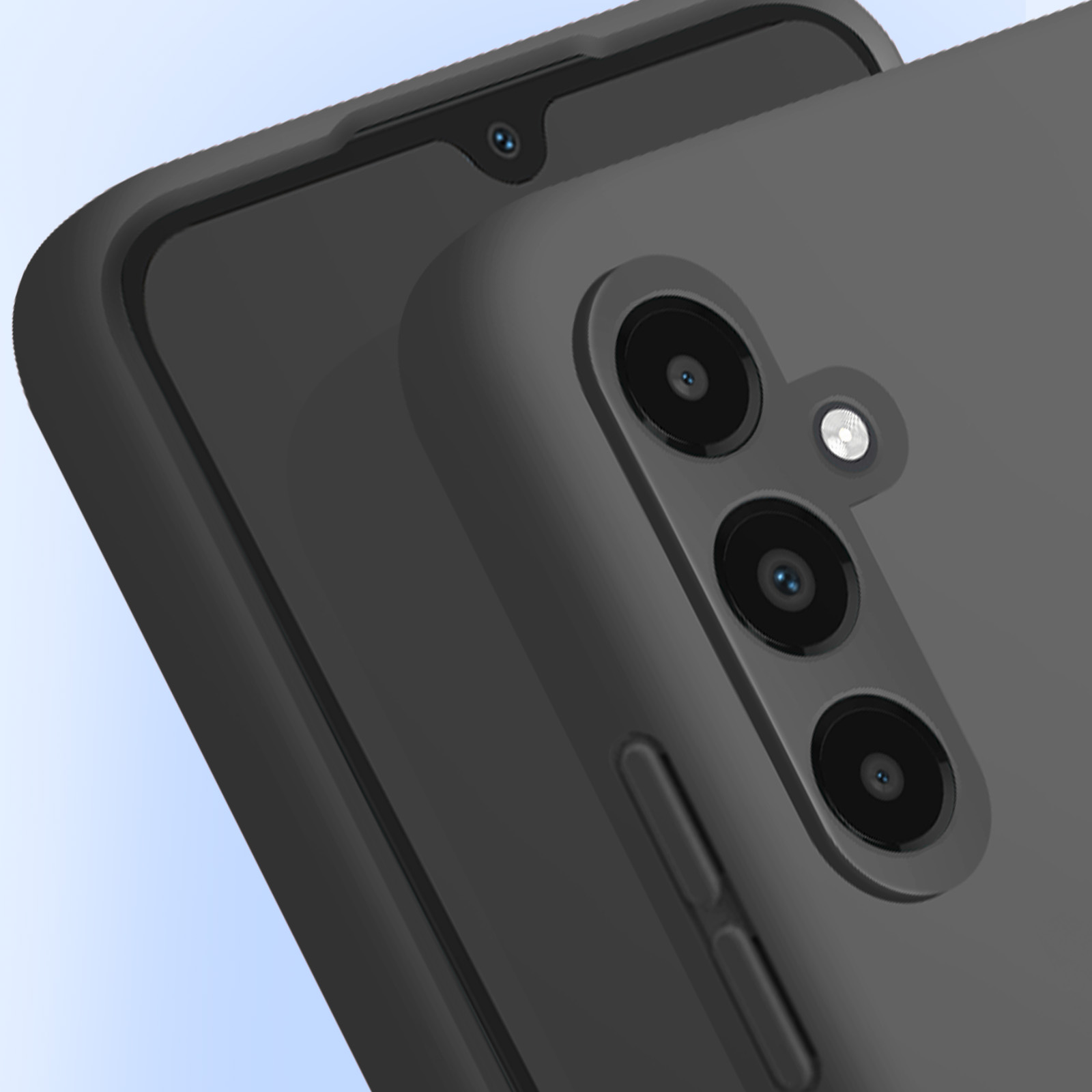 Primo piano di due custodie nere per telefono. Obiettivi della fotocamera visibili.