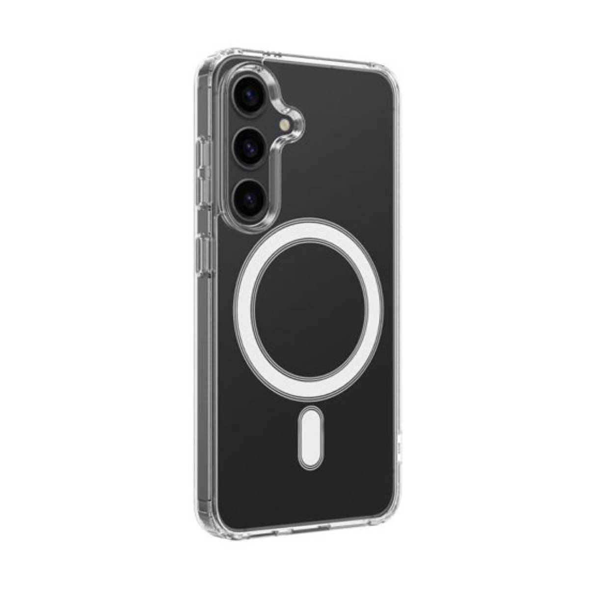 Custodia trasparente con retro nero e cerchio bianco. La custodia ha un anello magnetico.