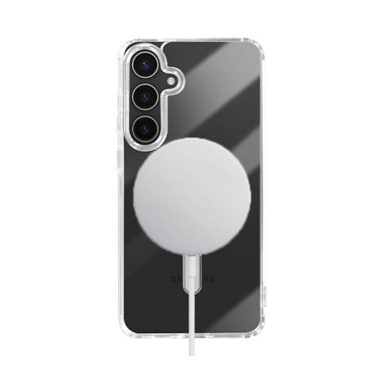 Custodia trasparente per telefono con caricabatterie MagSafe collegato, cavo bianco.