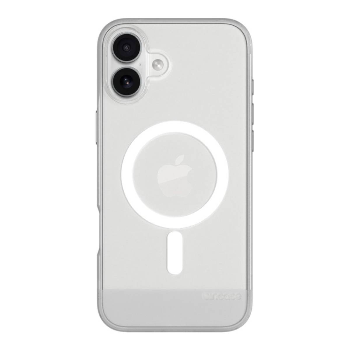 Una custodia trasparente per telefono con logo Apple e design ad anello MagSafe, con due fotocamere.