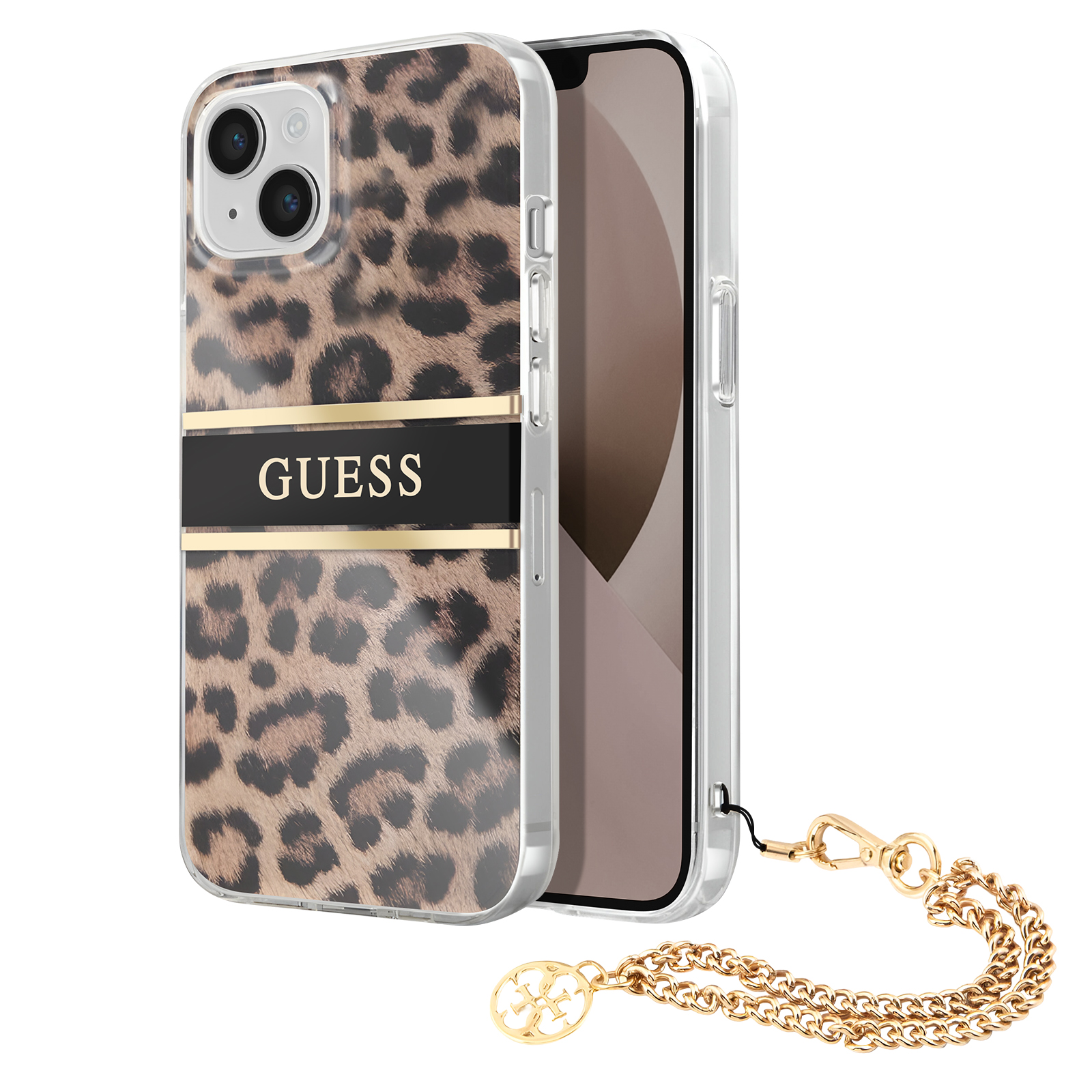 Telefono in una custodia con stampa leopardata con banner Guess dorato e catena dorata.