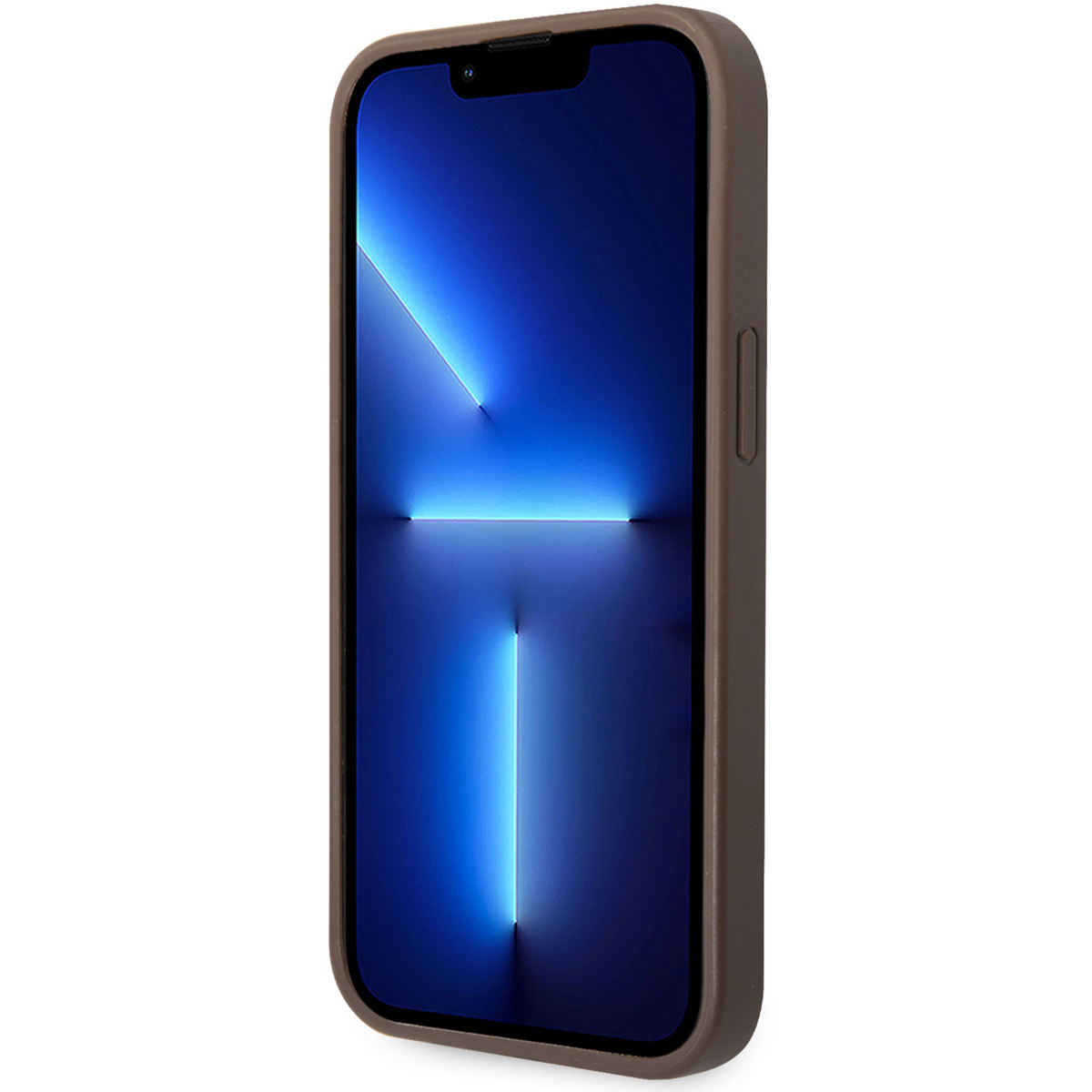 Custodia per telefono marrone con un telefono all'interno. Schermo blu visibile. Sfondo bianco.
