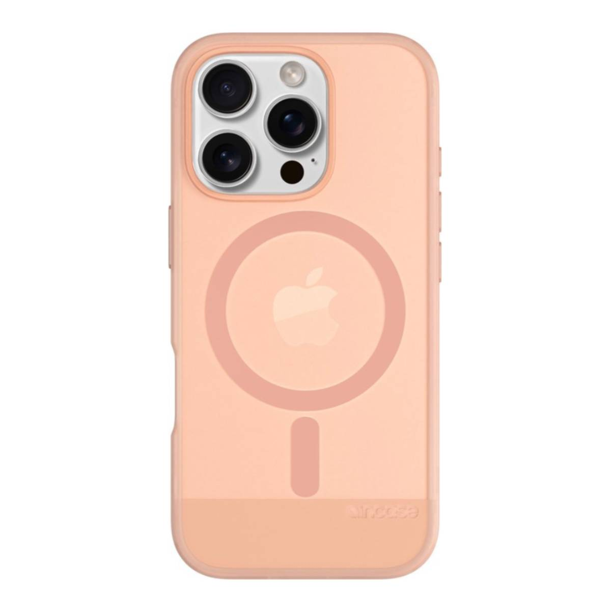 Una custodia per telefono rosa con un logo Apple bianco e un bordo trasparente, su sfondo bianco.