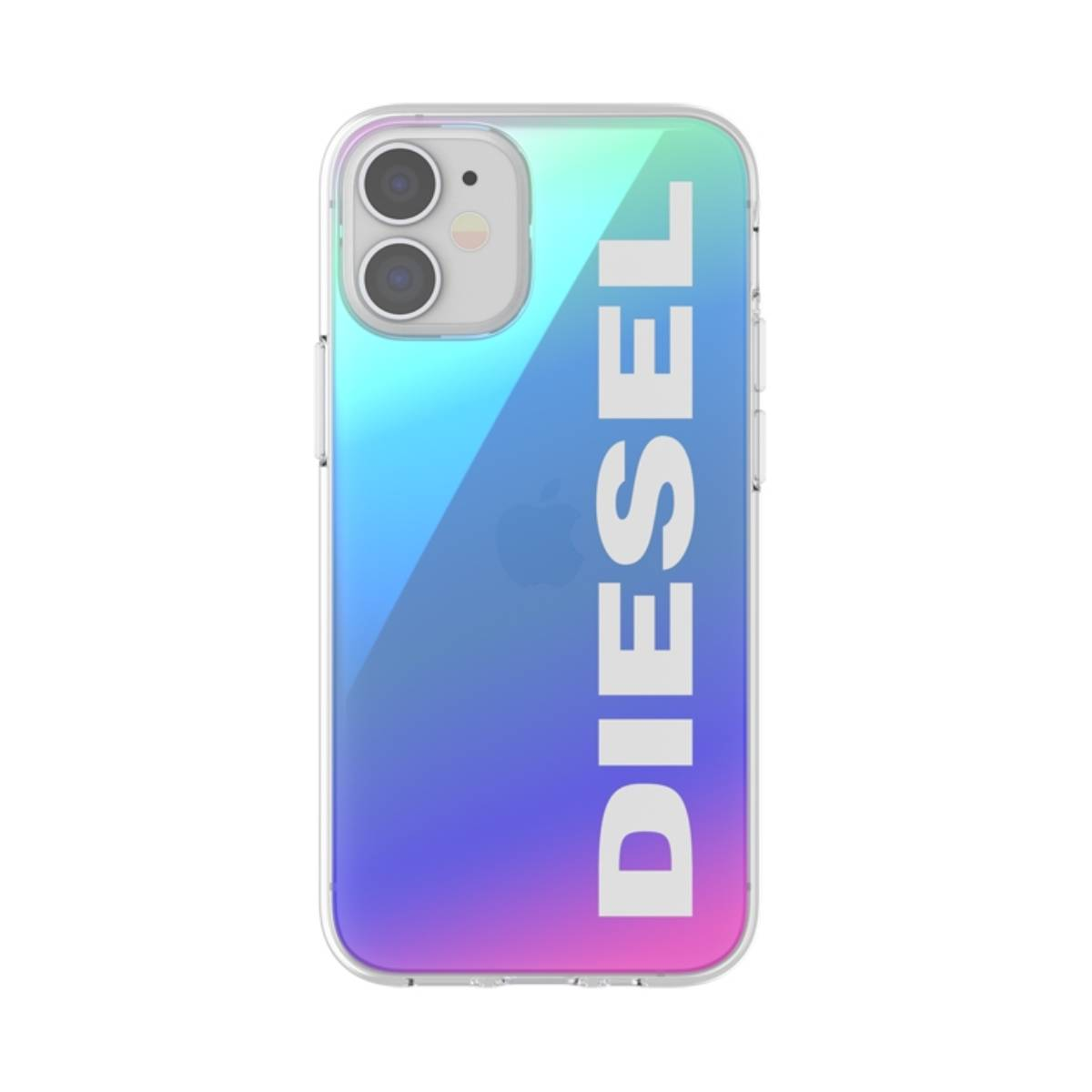 Un telefono in una custodia trasparente con testo 'DIESEL'. La custodia ha un design sfumato.
