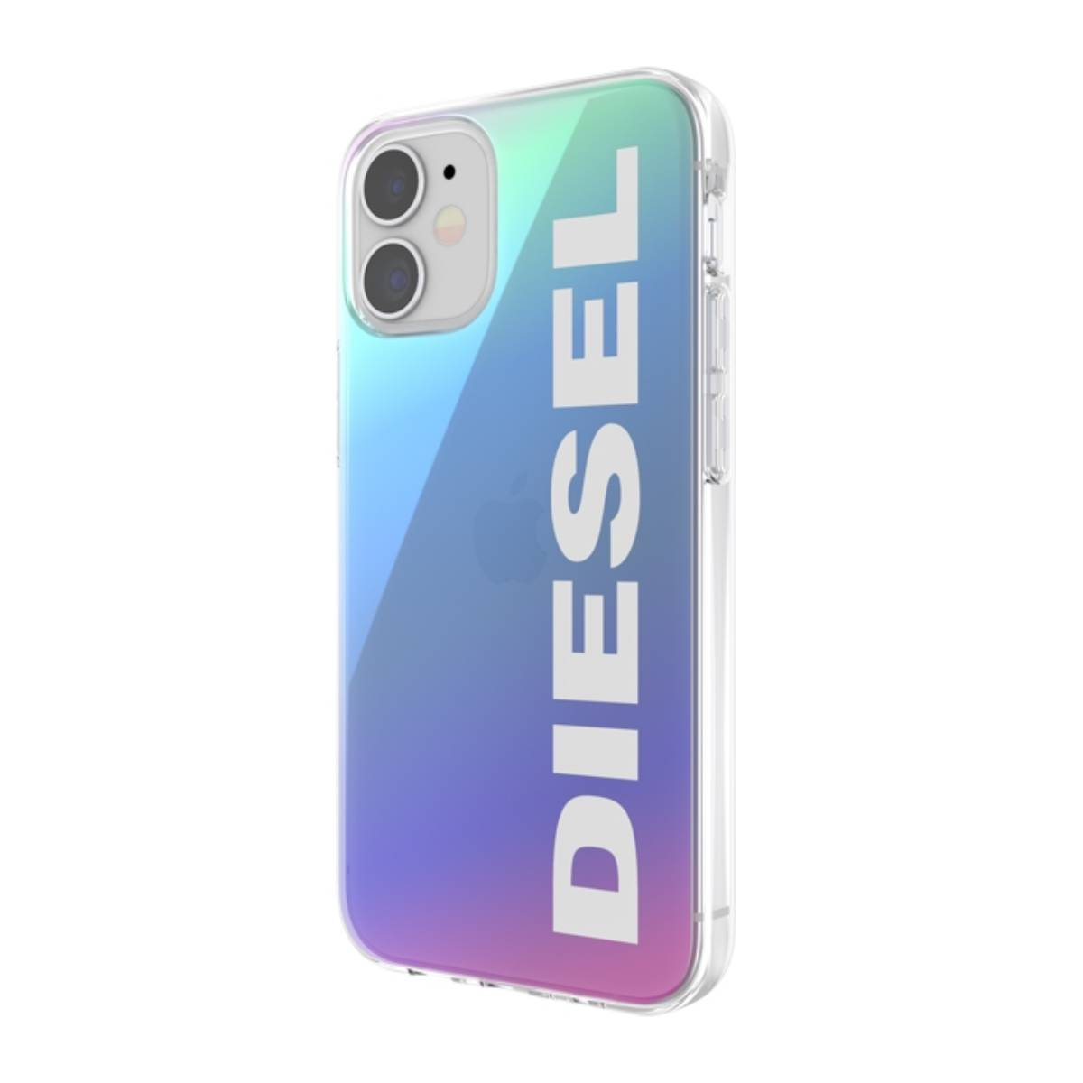 Custodia trasparente per telefono con la parola DIESEL a grandi lettere bianche, con effetto sfumato.