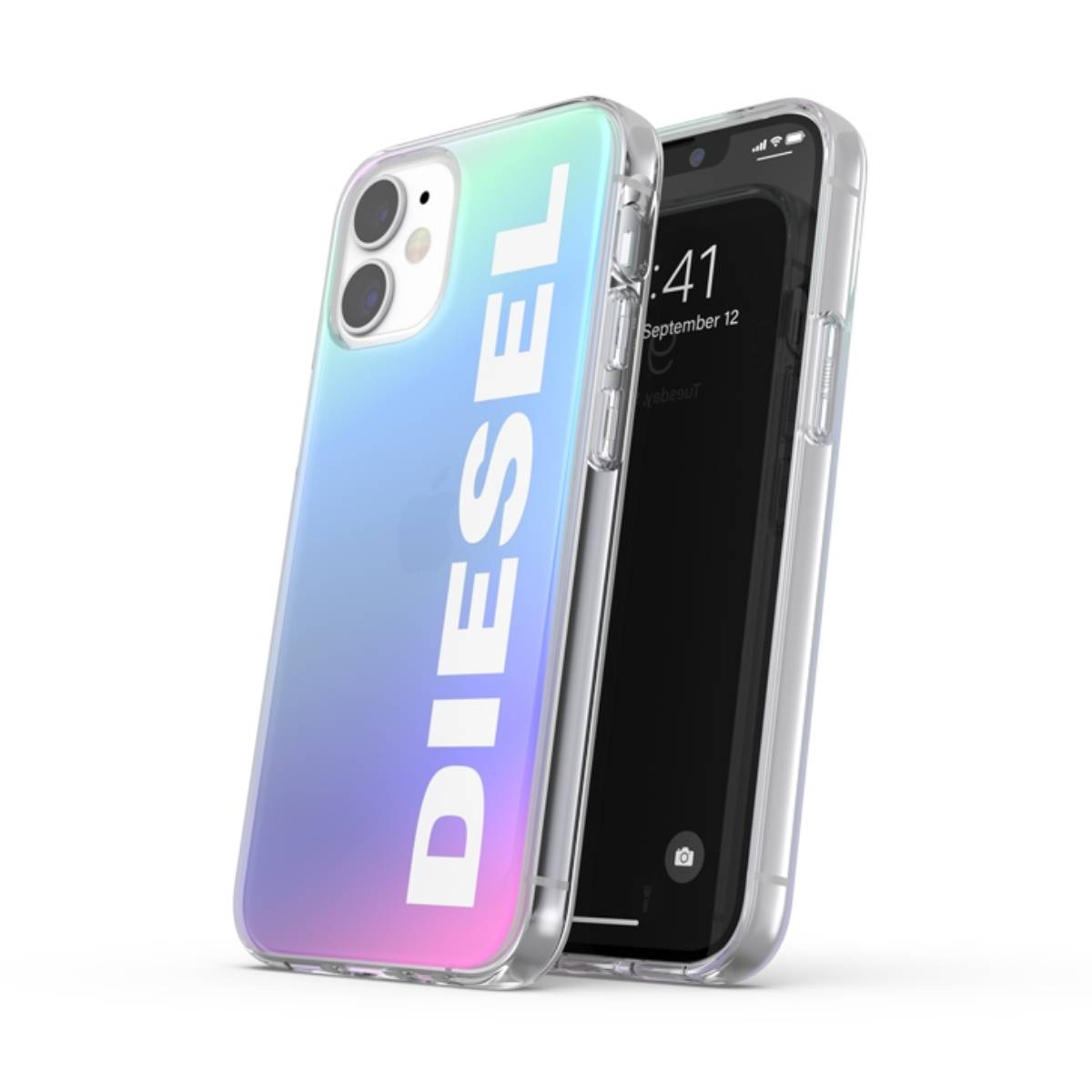 Telefono in una custodia trasparente con la scritta DIESEL in bianco, su sfondo bianco.