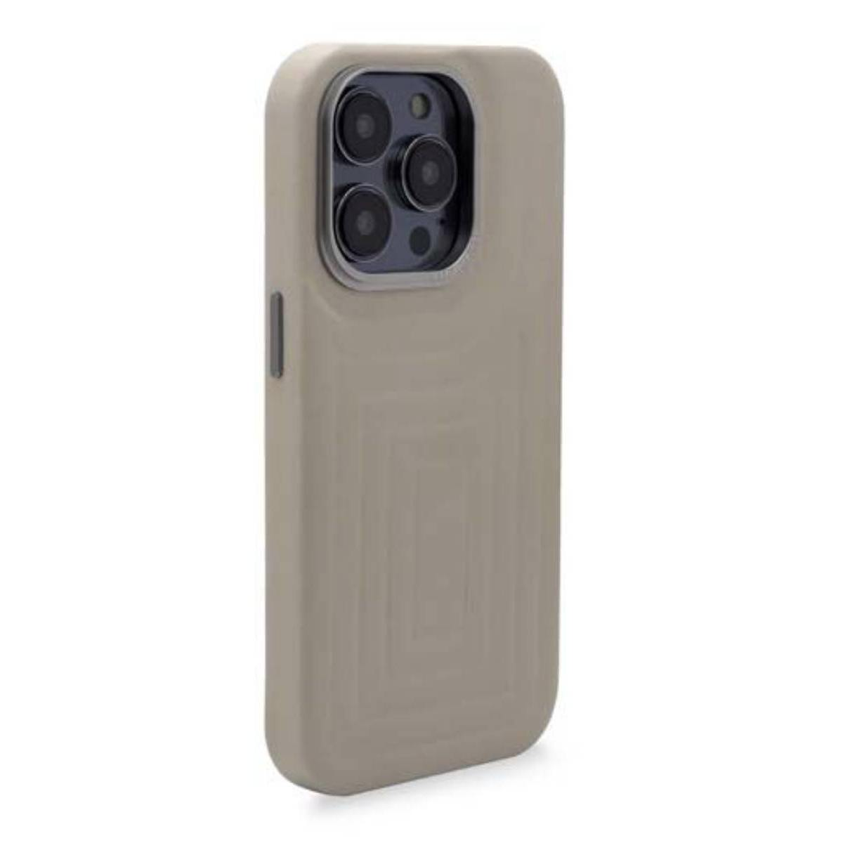 La custodia del telefono è grigia e ha un foro per la fotocamera. La custodia del telefono si trova su uno sfondo di colore chiaro.