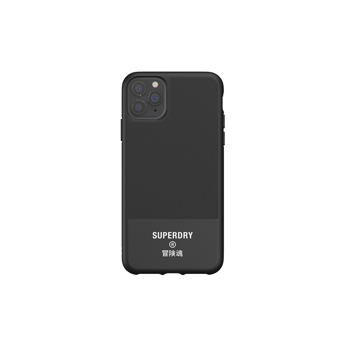 Custodia nera con 'Superdry' e logo in bianco. Fotocamera del telefono visibile sopra.