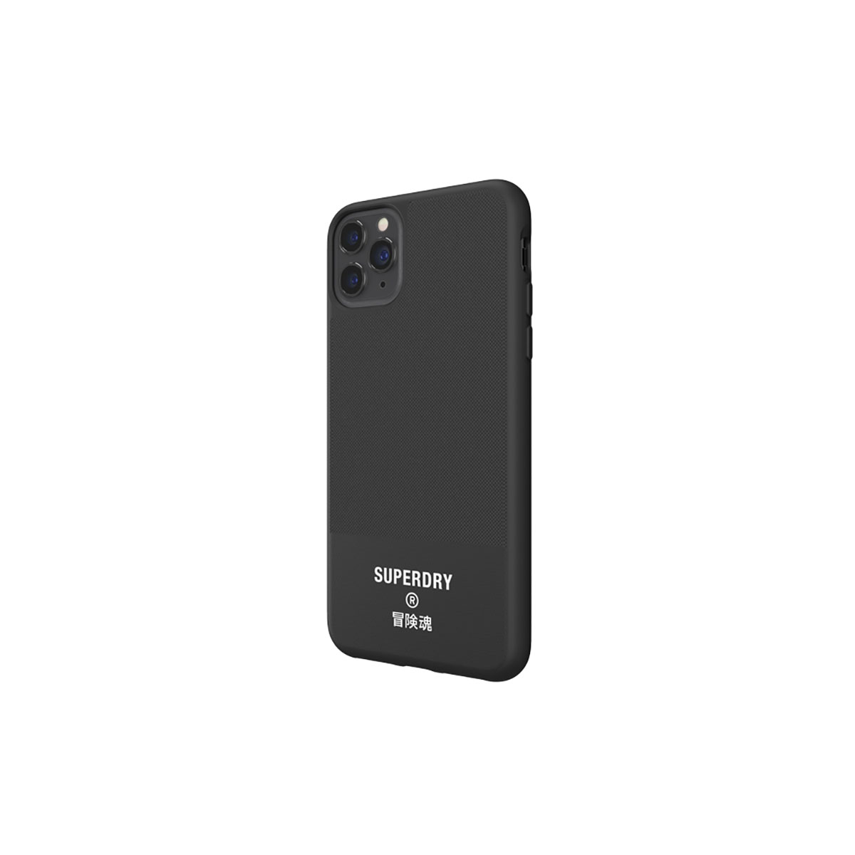 Custodia nera per telefono con la scritta "SUPERDRY" e un logo, sfondo bianco.
