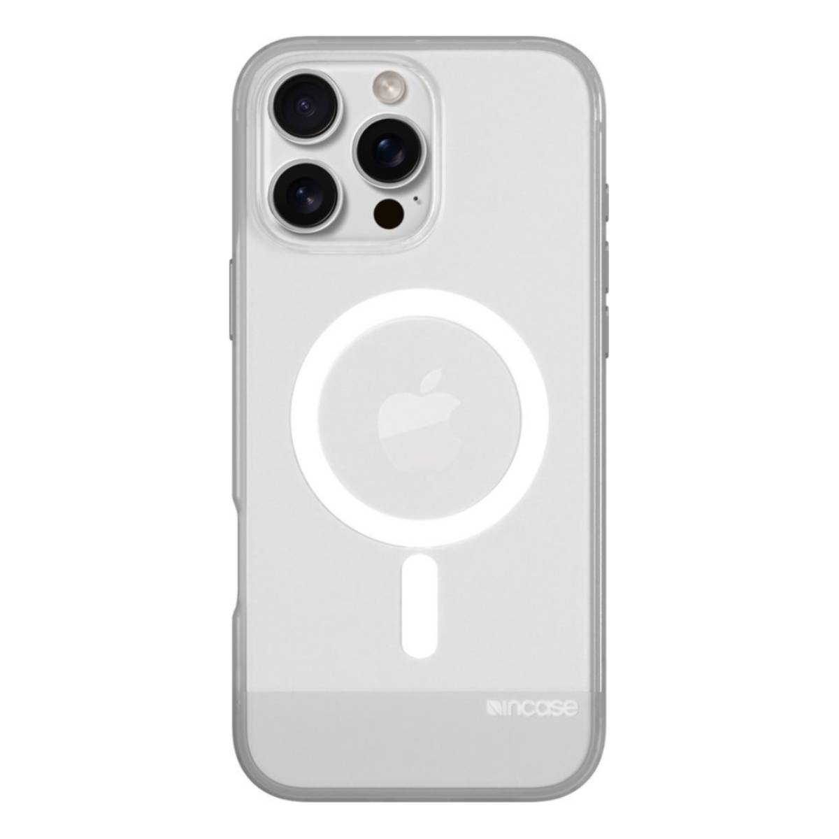 Custodia trasparente con un cerchio bianco e un ritaglio per un logo Apple.