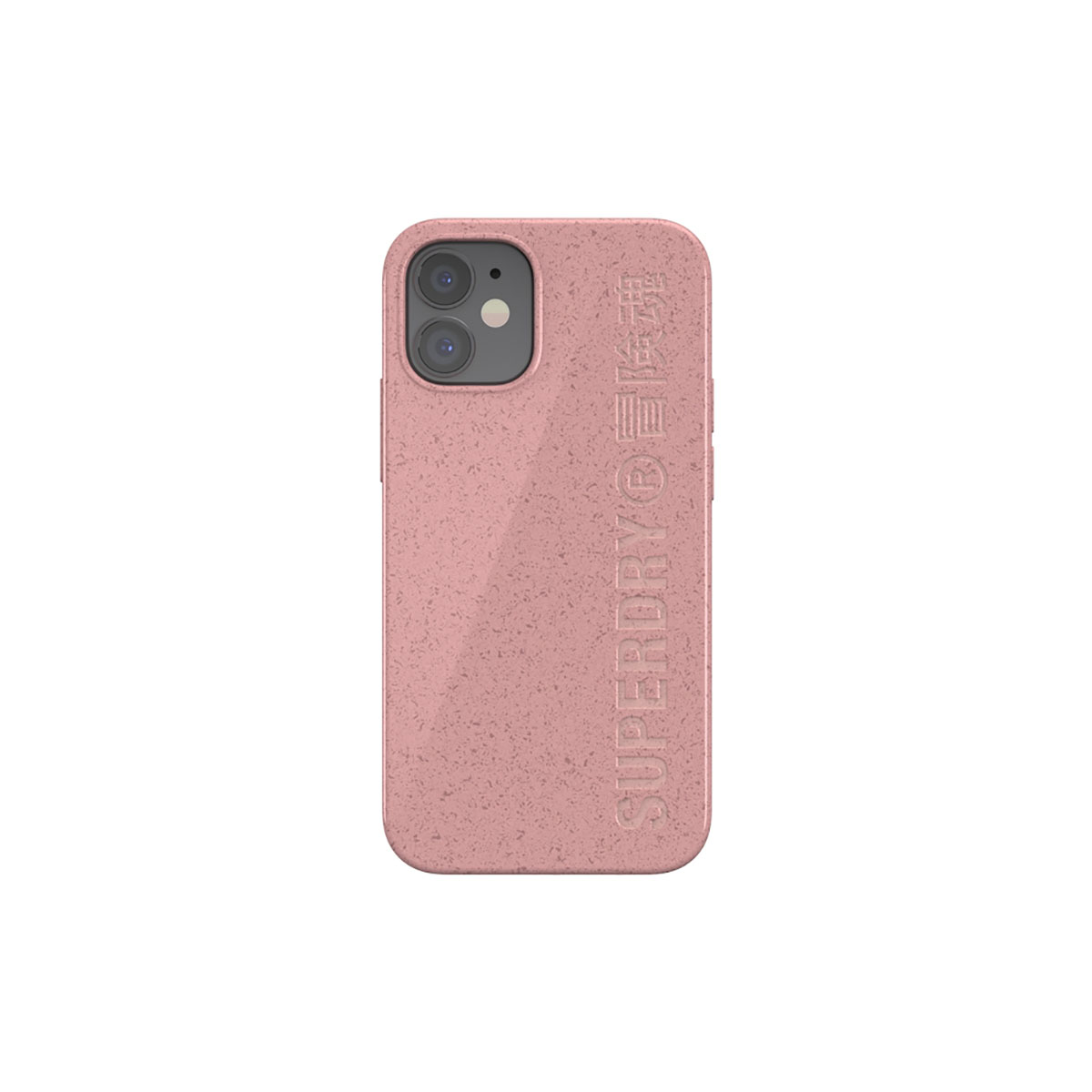 Custodia rosa con logo Superdry bianco. Telefono nella custodia.