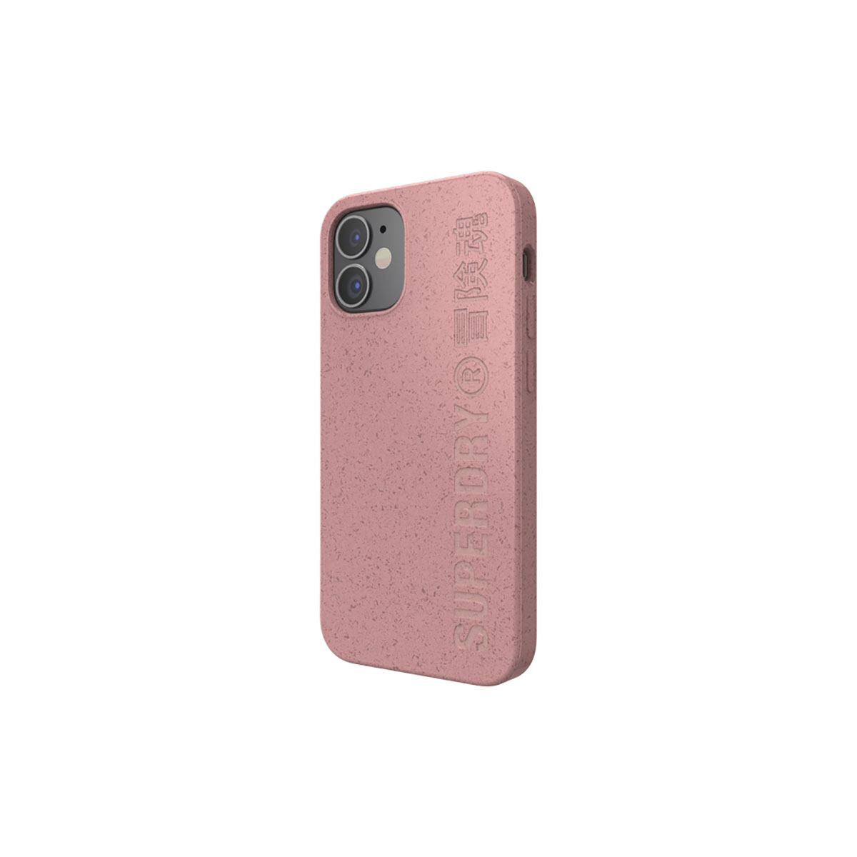 Una custodia rosa con una trama ruvida, il marchio SUPERDRY è stampato verticalmente sul lato.