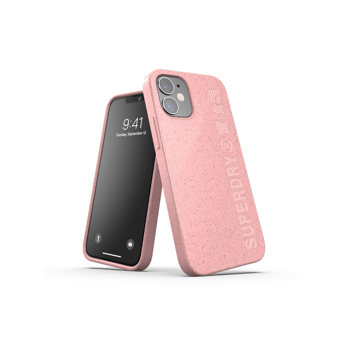 Custodia rosa per telefono con testo del marchio sul lato.