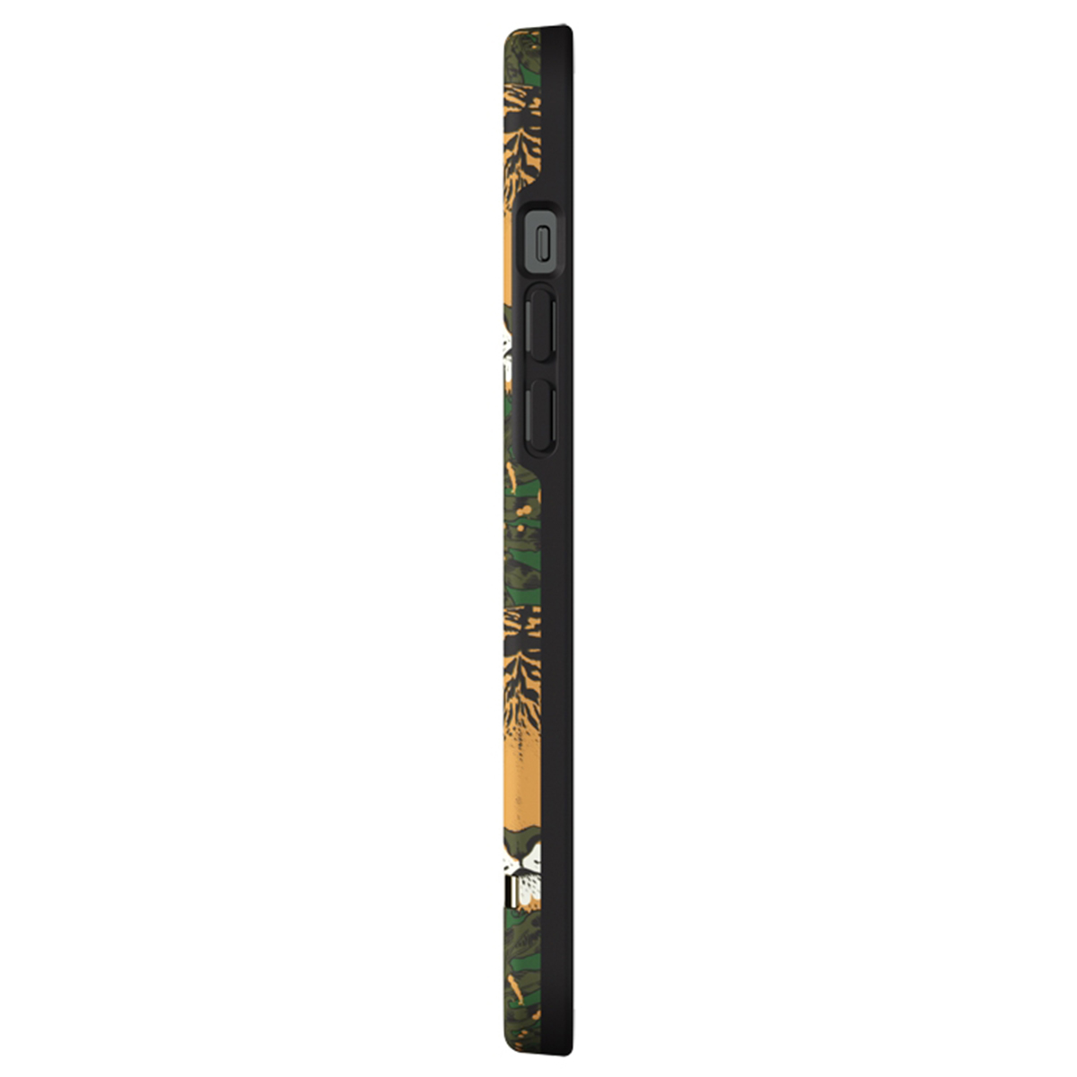 Custodia per telefono con un motivo mimetico verde. Presenta un ritaglio per telefono e un bordo nero.