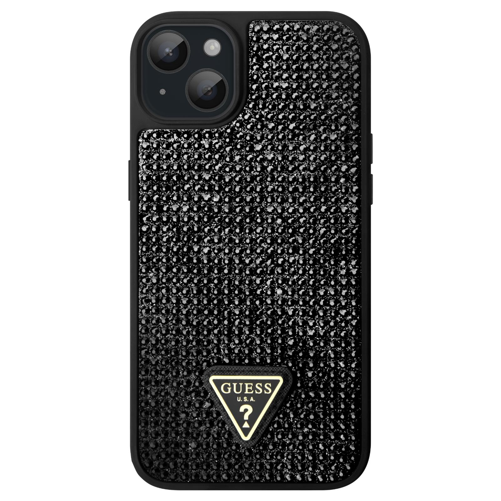 Custodia nera con logo GUESS dorato e cristalli neri. La fotocamera è visibile.