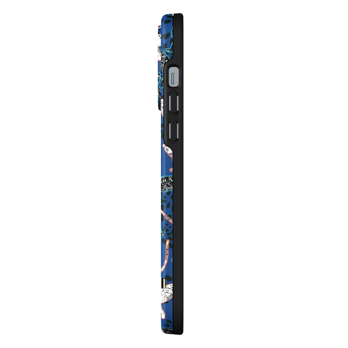 Custodia per telefono con un design a stampa animale blu e bianca, vista laterale.