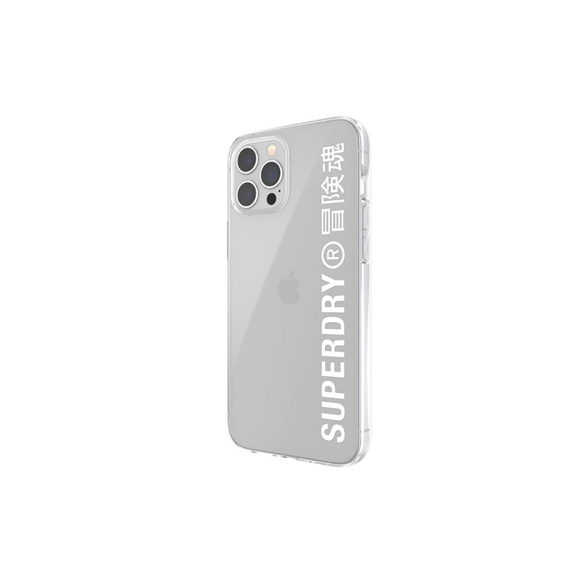 Custodia trasparente per telefono su sfondo bianco. La custodia ha il logo Superdry.