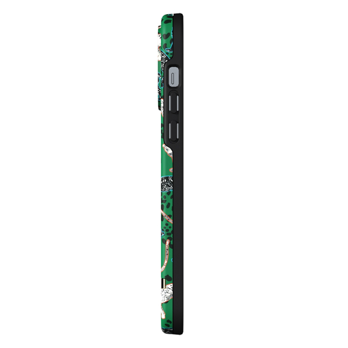 Custodia verde per telefono con stampa animalier. La custodia ha un lato con i pulsanti.