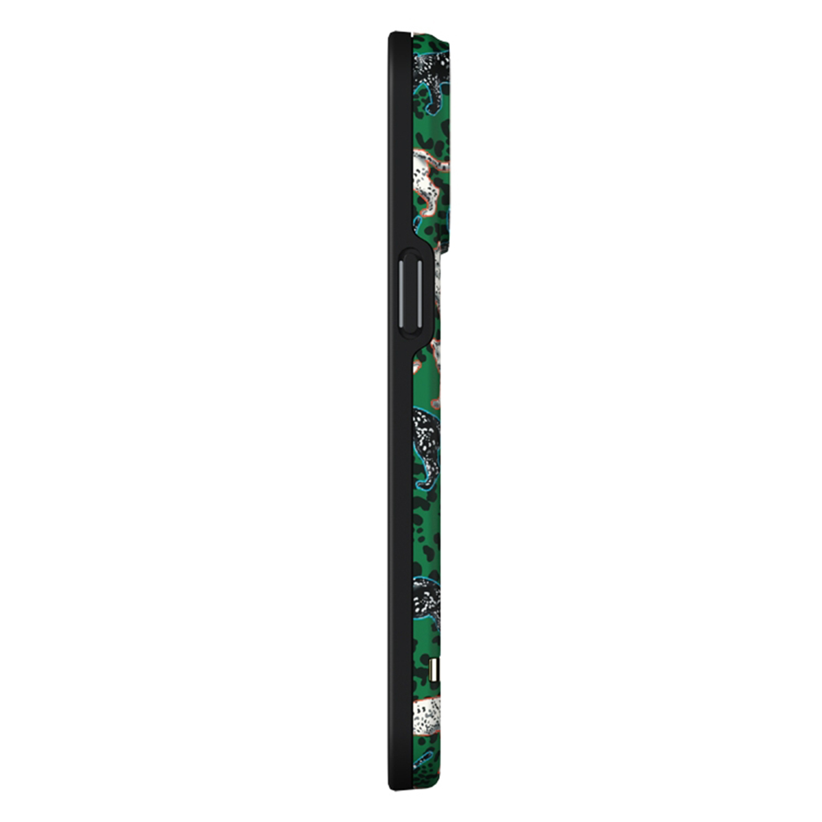 Custodia per telefono con stampa leopardata. Sfondo verde, lato nero.