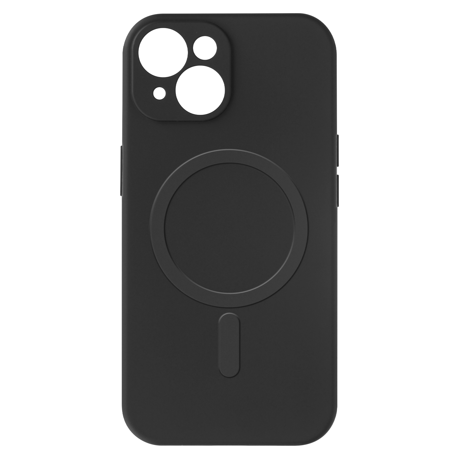 Custodia nera con rientranza circolare per MagSafe e ritaglio per fotocamera.